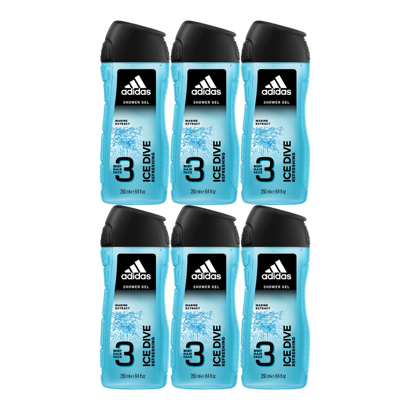 Adidas 3-in-1 ICE DIVE Refreshing Marine Extract Shower Gel, 8.4oz (Pack of 6)