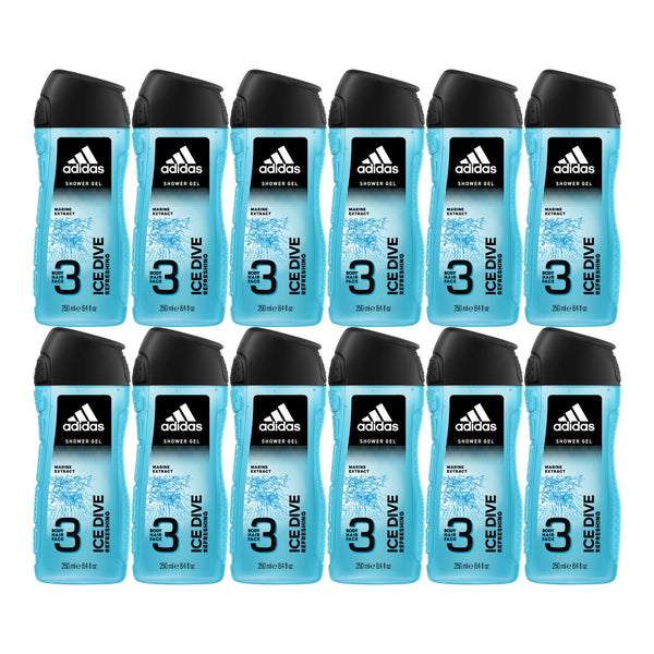 Adidas 3-in-1 ICE DIVE Refreshing Marine Extract Shower Gel, 8.4oz (Pack of 12)
