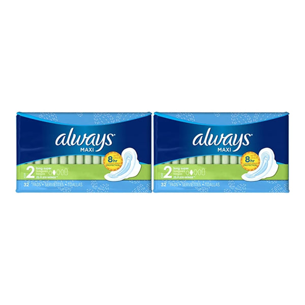 Always Maxi Long Super w/ Flexi-Wings Size 2 Sanitary Pads, 32 ct. (Pack of 2)