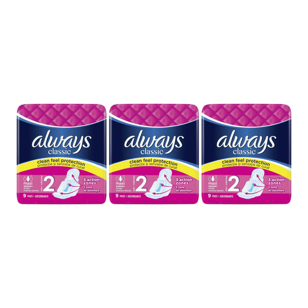 Always Classic Maxi Size 2 Sanitary Pads, 9 ct. (Pack of 3)