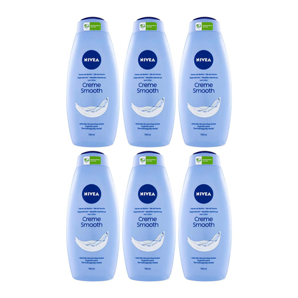 Nivea Creme Smooth With Shea Butter & Gentle Scent Body Wash, 750ml (Pack of 6)