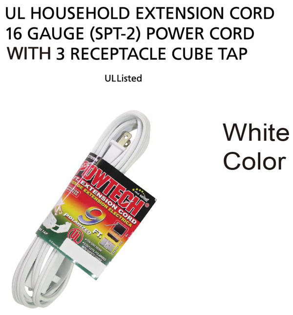 9' Foot Extension Cord w/ 3 Outlets (16 Gauge 13 Amps) - UL Certified