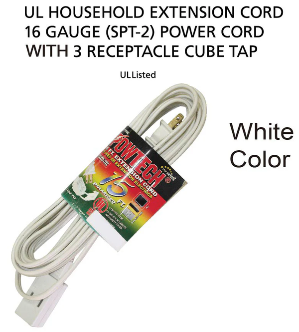15' Foot Extension Cord w/ 3 Outlets (16 Gauge 13 Amps) - UL Certified