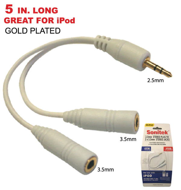 2.5mm Stereo Plug to 2 x 3.5mm Stereo Jacks