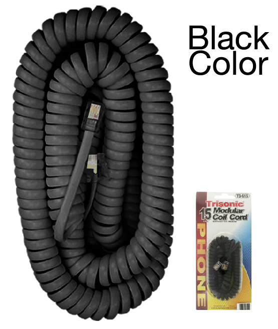 15' Black Telephone Coil Cord