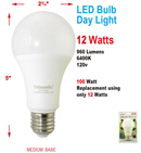 12 Watts (100w Equivalent) LED Light Bulb (Day Light) - 480 Lumens