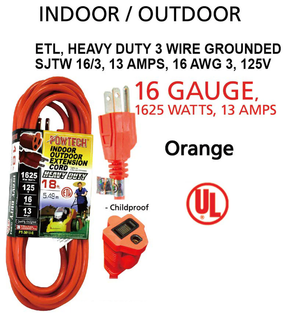 18' Foot Indoor Outdoor 16 Gauge 3 Wire Heavy Duty Extension Cord - UL Listed