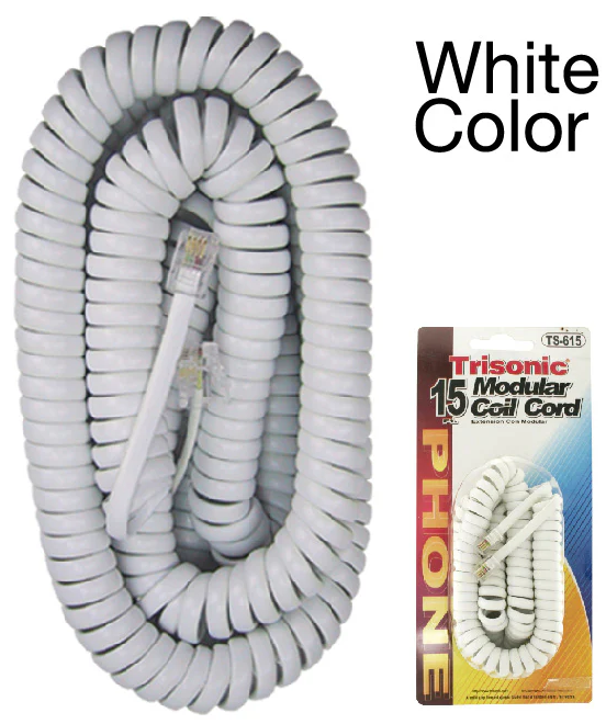 15' White Telephone Coil Cord