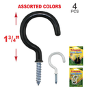 4 Pack 1-3/4 inch Large Screw Hooks Assorted Colors