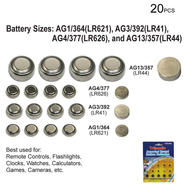 20 Round Button Batteries AG1/364 LR44 AG3/392 LR626 AG4/377 LR41 AG13/357 LR621