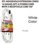 9' Foot (2.7m) 16 Gauge 13 Amp Extension Cord w/ 3 Outlets - ETL Listed