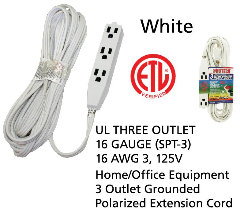20' Foot 3 Outlet 3-Prong 13A Heavy Duty Grounded Extension Cord - UL Certified