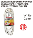 25' Foot (7.6m) 16 Gauge 13 Amp Extension Cord w/ 3 Outlets - ETL Listed