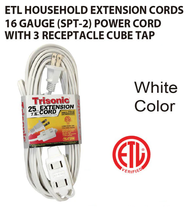 25' Foot (7.6m) 16 Gauge 13 Amp Extension Cord w/ 3 Outlets - ETL Listed