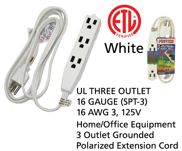6' Foot 3 Outlet 3-Prong 13A Heavy Duty Grounded Extension Cord - UL Certified