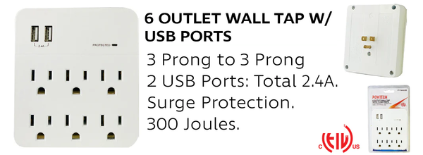 6-Outlet Wall Tap w/ Surge Protector & 2 USB Ports - ETL Listed