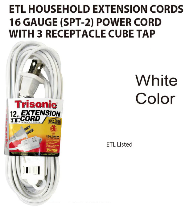 12' Foot (3.6m) 16 Gauge 13 Amp Extension Cord w/ 3 Outlets - ETL Listed