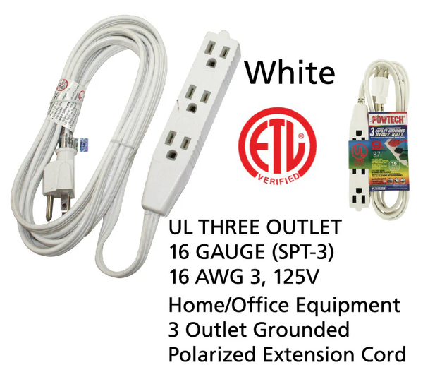 9' Foot 3 Outlet 3-Prong 13A Heavy Duty Grounded Extension Cord - UL Certified