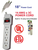 4 Outlet UL Listed Power Strip w/ 18" Cord (125V / 15 Amps / 14 AWG Cord)