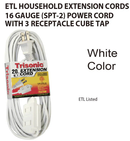 20' Foot (6.1m) 16 Gauge 13 Amp Extension Cord w/ 3 Outlets - ETL Listed