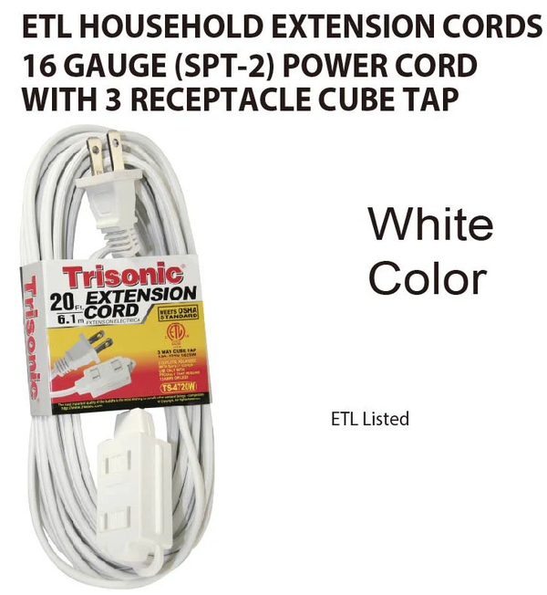 20' Foot (6.1m) 16 Gauge 13 Amp Extension Cord w/ 3 Outlets - ETL Listed