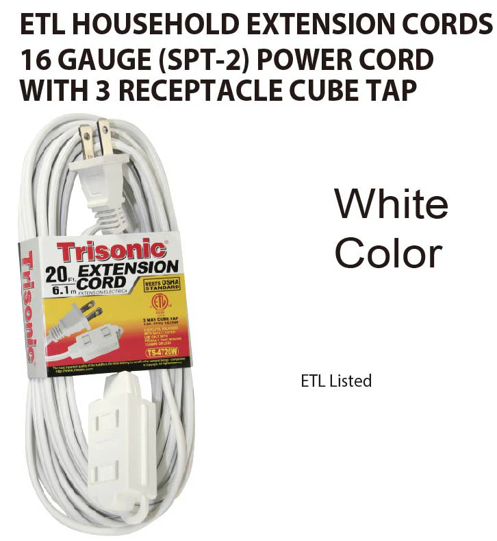20' Foot (6.1m) 16 Gauge 13 Amp Extension Cord w/ 3 Outlets - ETL Listed