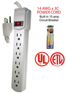 6 Outlet Power Strip w/ Circuit Breaker - 125V 14AWG Cord 15 Amps - UL Listed