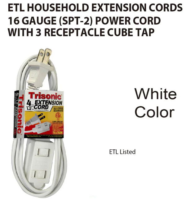 4' Foot (1.2m) 16 Gauge 13 Amp Extension Cord w/ 3 Outlets - ETL Listed
