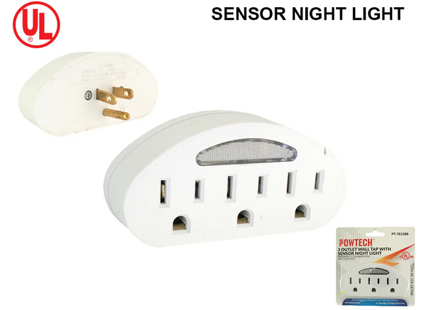 3-Outlet Wall Tap With Sensor Night Light 125V 15A 1875W - UL Listed