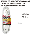 6' Foot (1.8m) 16 Gauge 13 Amp Extension Cord w/ 3 Outlets - ETL Listed