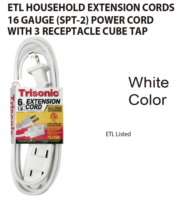 6' Foot (1.8m) 16 Gauge 13 Amp Extension Cord w/ 3 Outlets - ETL Listed