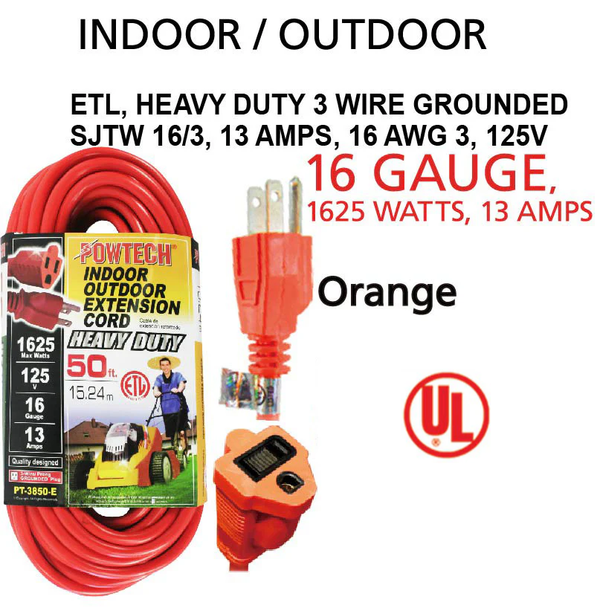 50' Foot Indoor Outdoor 16 Gauge 3 Wire Heavy Duty Extension Cord - UL Listed