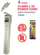 8 Outlet Power Strip w/ Circuit Breaker - 125V 14AWG Cord 15 Amps - UL Listed