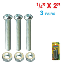 3 Pair 1/4 inch x 2 inch Slotted Machine Screws with Nuts