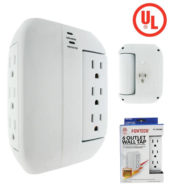 6 Outlet Wall Tap w/ Surge Protection & Swivel Function (300 Joules) - UL Listed