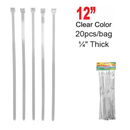 20 Count 12 Inch 12" Clear Heavy Duty Cable Zip Ties for Large Bundles
