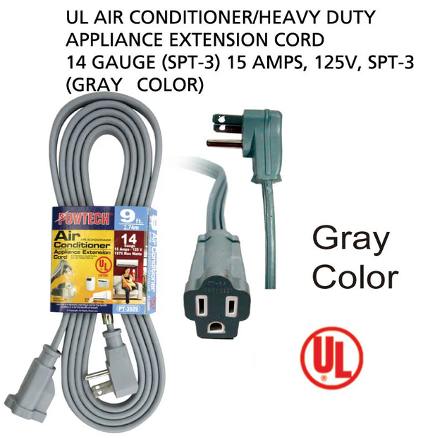 9' Foot 14 Gauge 3-Prong Heavy Duty Appliance Extension Cord - UL Certified