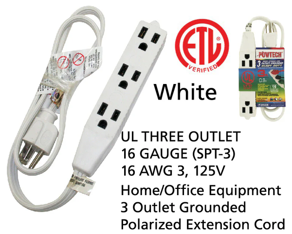 3' Foot 3 Outlet 3-Prong 13A Heavy Duty Grounded Extension Cord - UL Certified