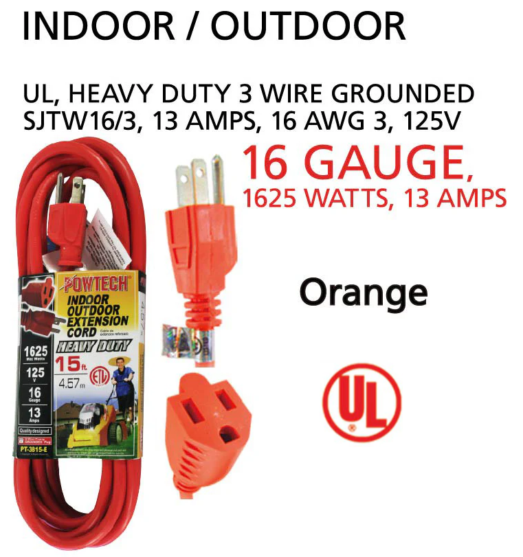 15' Foot Indoor Outdoor 16 Gauge 3 Wire Heavy Duty Extension Cord - UL Listed