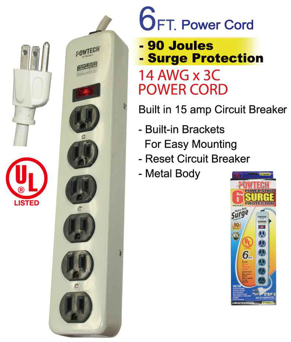 Heavy Duty Metal 6 Outlet Surge Protector 6ft Cord 90 Joules 15 Amps - UL Listed
