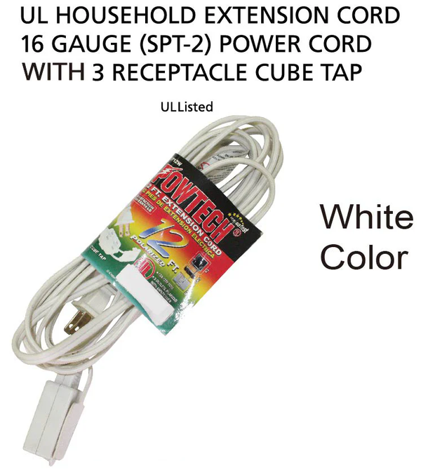 12' Foot Extension Cord w/ 3 Outlets (16 Gauge 13 Amps) - UL Certified