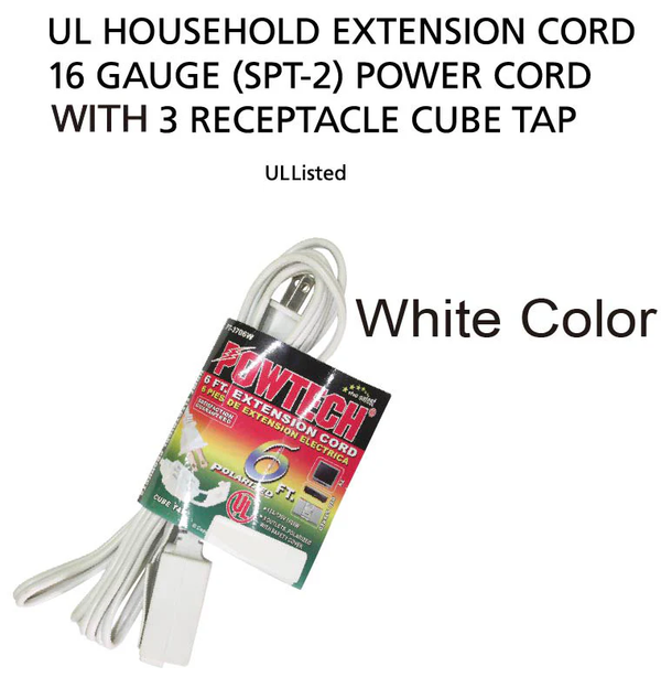 6' Foot Extension Cord w/ 3 Outlets (16 Gauge 13 Amps) - UL Certified