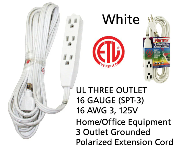 15' Foot 3 Outlet 3-Prong 13A Heavy Duty Grounded Extension Cord - UL Certified