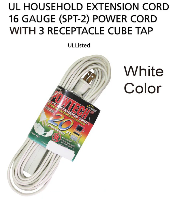 20' Foot Extension Cord w/ 3 Outlets (16 Gauge 13 Amps) - UL Certified