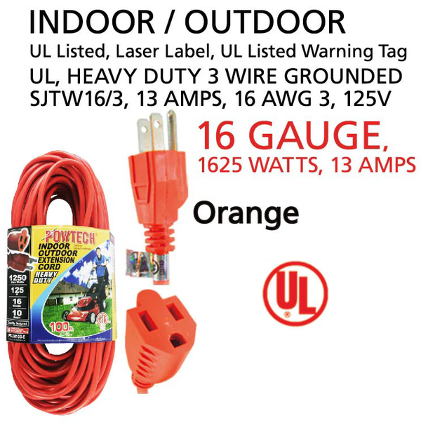 100' Foot Indoor Outdoor 16 Gauge 3 Wire Heavy Duty Extension Cord - UL Listed