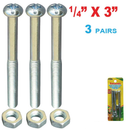 3 Pair 1/4 inch x 3 inch Slotted Machine Screws with Nuts