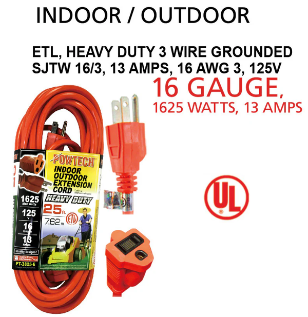 25' Foot Indoor Outdoor 16 Gauge 3 Wire Heavy Duty Extension Cord - UL Listed
