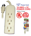 3 Outlet UL Listed Power Strip w/ 12" Cord (125V / 13 Amps / 16 AWG Cord)