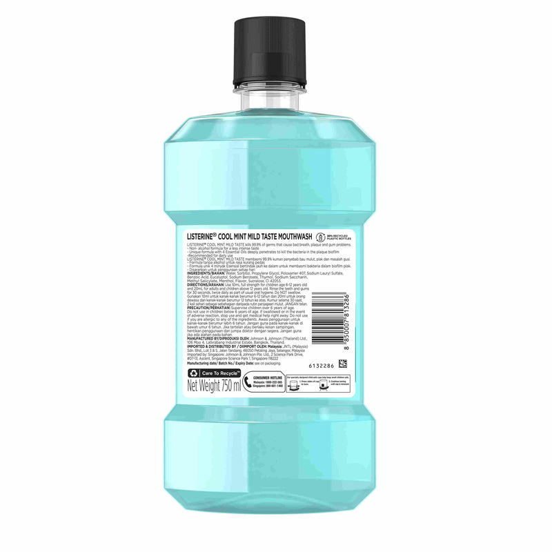 Listerine Cool Mint Milder Taste 0% Alcohol Mouthwash, 25.3oz 750ml