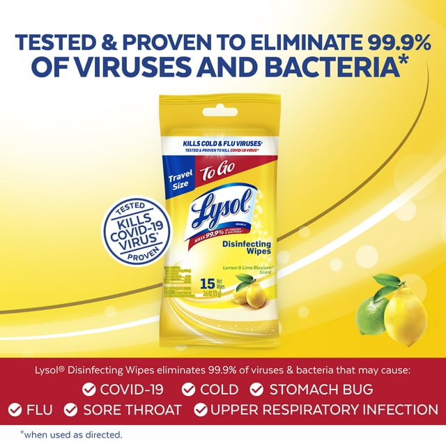 Lysol To Go Lemon & Lime Blossom Scented Disinfecting Wipes, 15 ct. (Pack of 3)